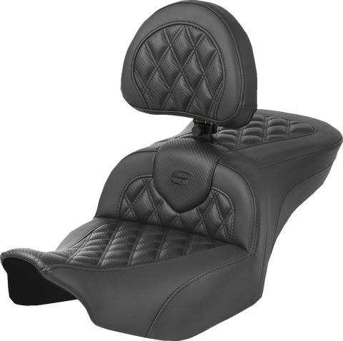 Heated Roadsofa™ Seat - Carbon Fiber - Lattice Stitch - w/ Backrest - FLT/FLH &